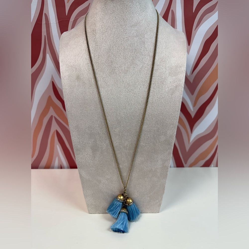 J Crew Blue & Rhinestone Tassel Gold Long Necklace